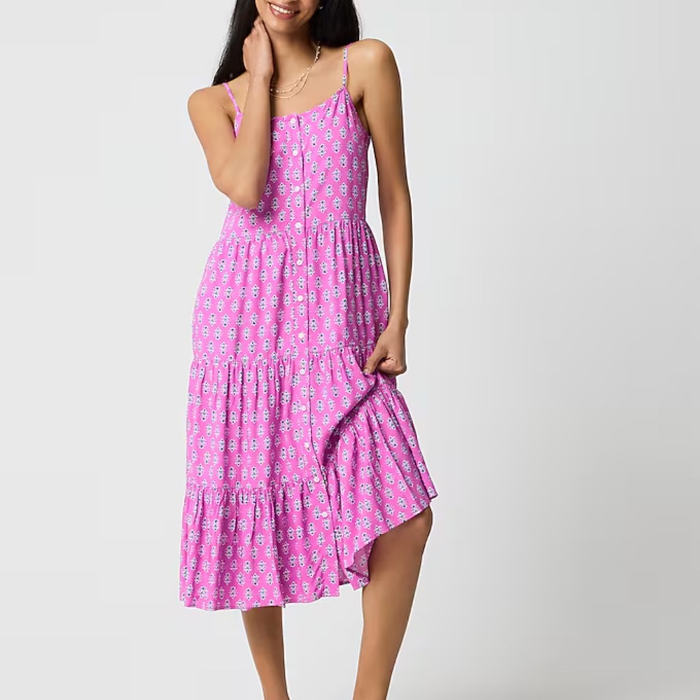 Strappy tiered midi dress Festive Pink Baltic Blu Size 12 Large J Crew - Picture 2 of 4